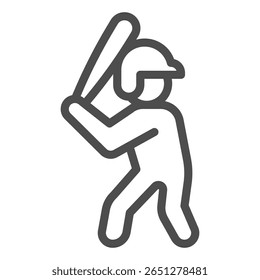 Jogador de beisebol com capacete e ícone de linha de bastão, conceito de jogo de beisebol. Gráficos vetoriais. Esportista, sinal de esporte no fundo branco, ícone de estilo de contorno para design móvel ou web
