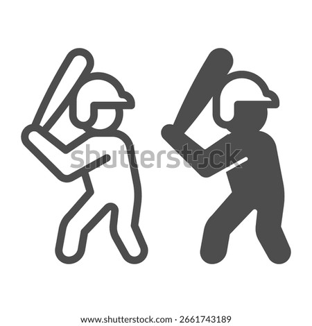 Baseball player with helmet and bat line and solid icon, baseball game concept. Vector graphics. Sportsman, sport sign on white background, outline style icon for mobile or web design