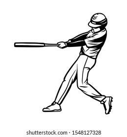 baseball player hit the ball black white illustration