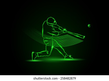 Baseball player hit the ball. Green Neon Baseball Sports Vector Illustration.