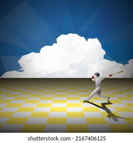 A Baseball Player Hit A Home Run Ball In A Surreal Arena. Hand Drawn Vector Illustration.
