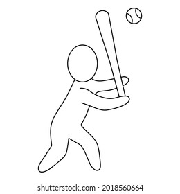 The baseball player hits the ball with a bat. Sketch. Vector icon. Batter prepares to hit. A man plays a team sports game. Isolated white background. Coloring book for children. Doodle style. 