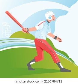 A baseball player hits the ball with a bat. Baseball player in action. the action of a baseball player on the field Flat vector illustration
