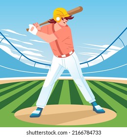 A baseball player hits the ball with a bat on stadium. Baseball player in action. the action of a baseball player on the field Flat vector illustration