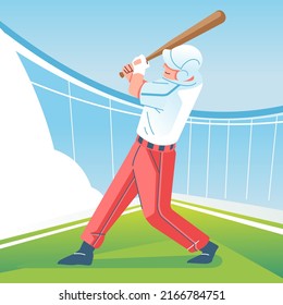 A baseball player hits the ball with a bat on field. Baseball player in action. the action of a baseball player on the field Flat vector illustration