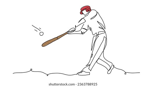 El jugador de béisbol golpea la pelota con un bate. Un dibujo de una línea continua de béisbol golpeado.