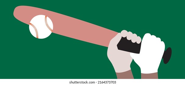 Baseball player hits ball during Baseball Game. Flat vector stock illustration. Hands holding baseball bat, hitting ball