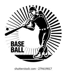 Baseball player hits a ball. Vector illustration in the engraving style.