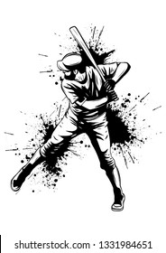 Baseball player, hitter swinging with bat, abstract isolated vector silhouette, ink drawing