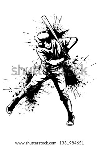 Baseball player, hitter swinging with bat, abstract isolated vector silhouette, ink drawing