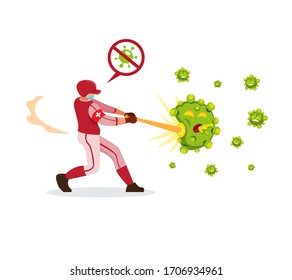Baseball player hitting bacteria to stop corona virus spreading illustration in cartoon flat vector isolated in white background