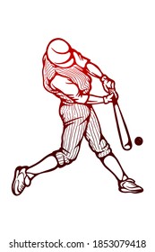 Baseball player hitting ball, batter Vector illustration - Hand drawn - Out line