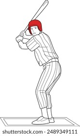 Baseball Player Hitting Ball, hand drawn in thin line style