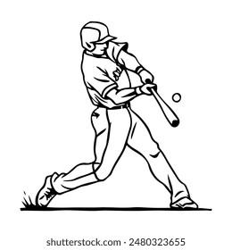 baseball player hitting ball line art drawing