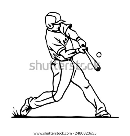 baseball player hitting ball line art drawing