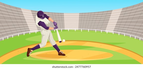 Jugador de béisbol golpeando la pelota en el estadio, Ilustración vectorial, sobre fondo brillante. Concepto de acción deportiva. Ilustración vectorial