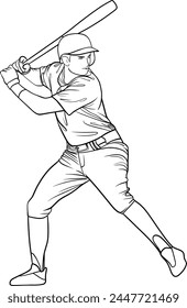 baseball player hitting ball, vector outline illustration. Design element, coloring book page
