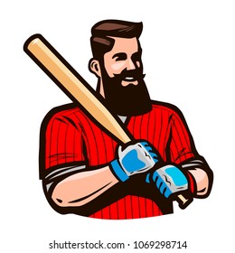 Baseball player holding baseball bat. Sport concept. Cartoon vector illustration