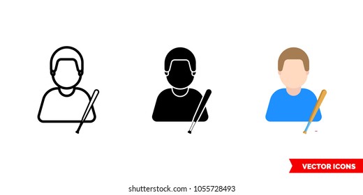 Baseball player icon of 3 types: color, black and white, outline. Isolated vector sign symbol.