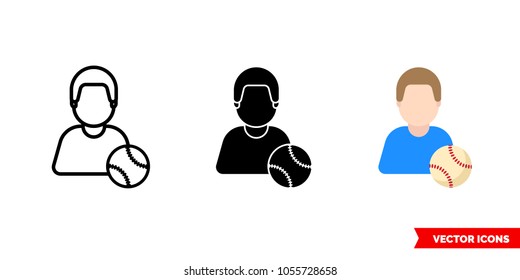 Baseball player icon of 3 types: color, black and white, outline. Isolated vector sign symbol.
