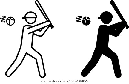 Iconos de jugador de béisbol. Ilustración vectorial en blanco y negro. Deportista tratando de golpear la pelota volando hacia él. Jugador de béisbol con murciélago. Concepto de deporte