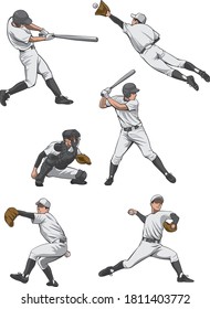 Baseball player image illustration set (batter, pitcher, catcher, defense)