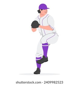 Baseball player isolated. Baseball player with ball in hand and glove. Male baseball player in flat style.