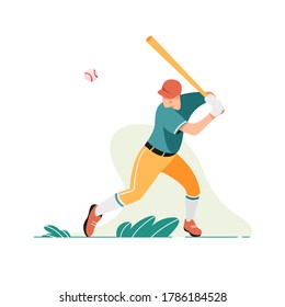 Baseball player isolated on white in trendy flat style. Athlete in motion. Batman hitting the ball.