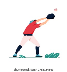 Baseball player isolated on white in trendy flat style. Athlete in motion. Man catching a ball.