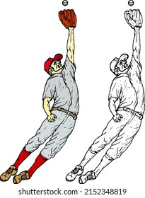 Baseball player leap to catch a ball, isolated against white. Hand drawn vector illustration.