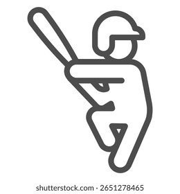 Ícone da linha do jogador de beisebol, conceito do jogo de beisebol. Gráficos vetoriais. Esportista com capacete e morcego, sinal de esporte no fundo branco, ícone de estilo de contorno para design móvel ou web