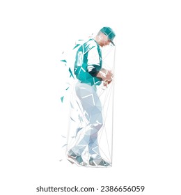 Baseball player, low poly vector illustration. Baseball pitcher standing, side view