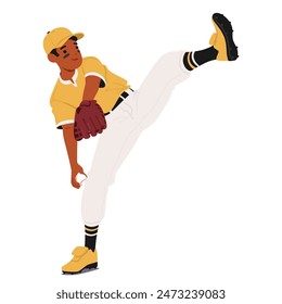 Baseball Player Male Character In Yellow And White Uniform Pitching A Ball With A Focused Expression. Player Is In Action, Showing Dynamic Movement And Athleticism. Cartoon People Vector Illustration