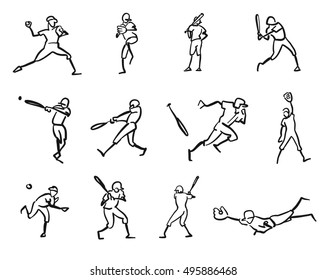Baseball Player Motion Sketch Studies, hand-drawn vector Outline Artwork