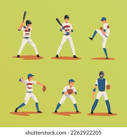 Baseball Player on Green Sport Field Playing Bat-and-ball Game Vector Set