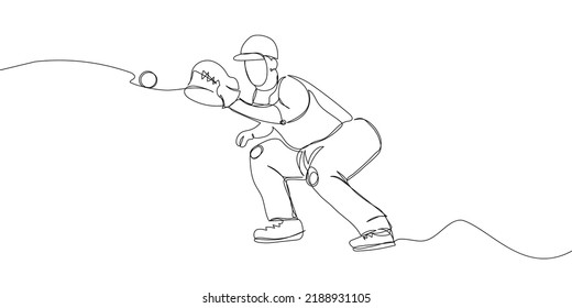 Baseball player pitcher, catcher one line art. Continuous line drawing sport, team game, catch ball, baseball glove, man, boy, baseball uniform, leisure, hobby.