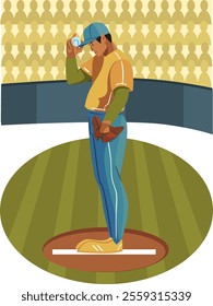 Baseball player pitcher character holding ball near cap. Vector illustration. Isolated illustrations.