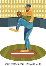 Baseball player pitcher character ready to throw ball. Vector illustration. Isolated illustrations.