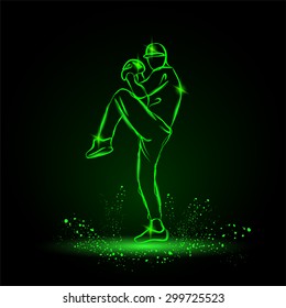 Baseball player pitcher getting ready to throw the ball. Green Neon Baseball Sports Vector Illustration.