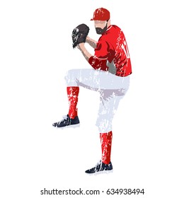 Baseball player pitcher in red jersey, grungy vector illustration