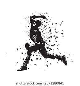 Baseball player, pitcher, throwing ball, isolated vector silhouette with dispersion effect. Ink drawing. Side view. Team sports