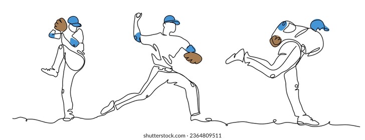 Baseball player pitcher throws the ball. One continuous line art drawing of baseball pitcher.