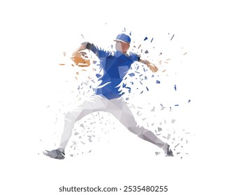 El jugador de béisbol lanza la pelota, Ilustración vectorial de polietileno baja aislada, vista lateral. Logotipo del jugador de béisbol