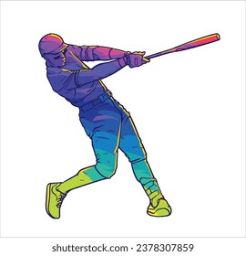 Ilustración abstracta dinámica multicolor del jugador de béisbol que juega gesto de figura de acción pesada