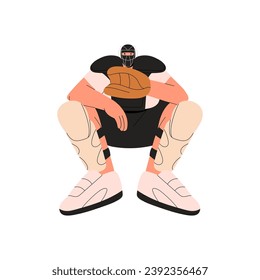 Baseball player plays on sport game match. Professional catcher sitting, holding hand to catch ball to glove. Sportsman in helmet, safety uniform. Flat isolated vector illustration on white background