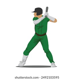 Baseball Player pose To Hit The Ball. Batter Player Character Is Wearing A Helmet And Standing Firmly, Flat Vector Illustration.