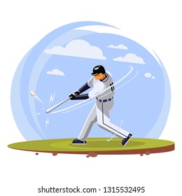 Baseball player powerfully beating the ball, shown in a bright vector illustration