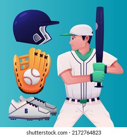 Baseball player with Baseball professional equipment in cartoon character, vector illustration