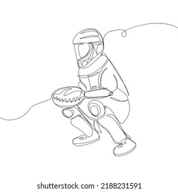 Baseball player in protective uniform, catcher one line art. Continuous line drawing sport, team game, catch ball, pitcher, baseball glove, boy, baseball uniform, leisure, hobby.
