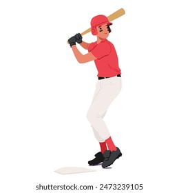 Baseball Player In A Red Uniform, Poised To Hit The Ball. Batter Player Character Is Wearing A Helmet And Standing Firmly, Showcasing Readiness And Determination In Sport. Cartoon Vector Illustration